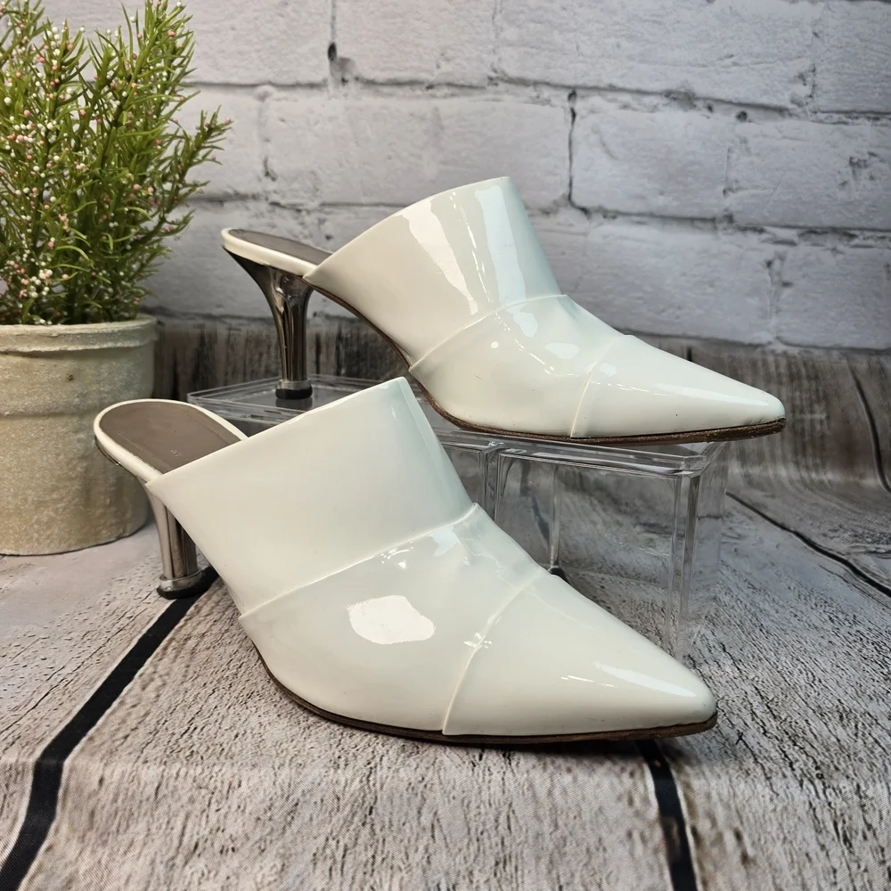 AGL ATTILIO GIUSTI LEOMBRUNI POINTED TOE MULE WHITE PATENT SMALL HEEL WOMENS 38 - Picture 1 of 12